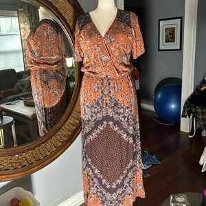 Maurice’s Orange and Purple Short Sleeve Tie Back Maxi Dress